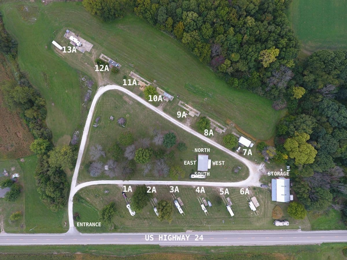 An airial view of the campground with sites labeled